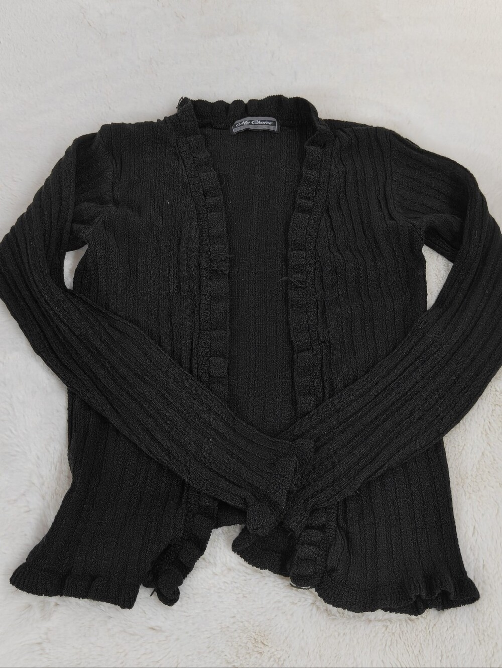 My Choice Ruffled Ribbed Open Cardigan XXS Black
